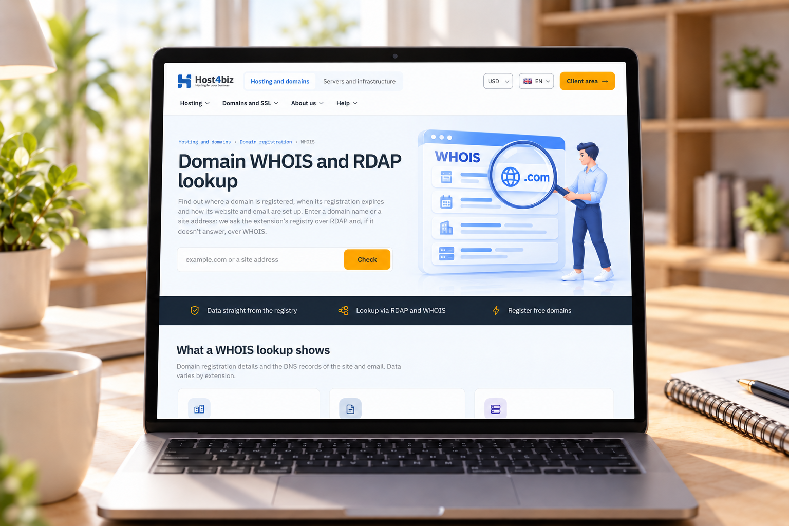 Domain WHOIS and RDAP lookup on the Host4Biz website