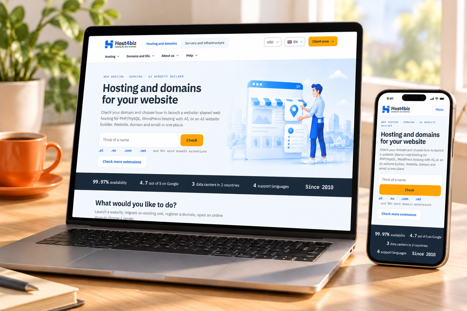 The new Host4Biz home page on a laptop and phone