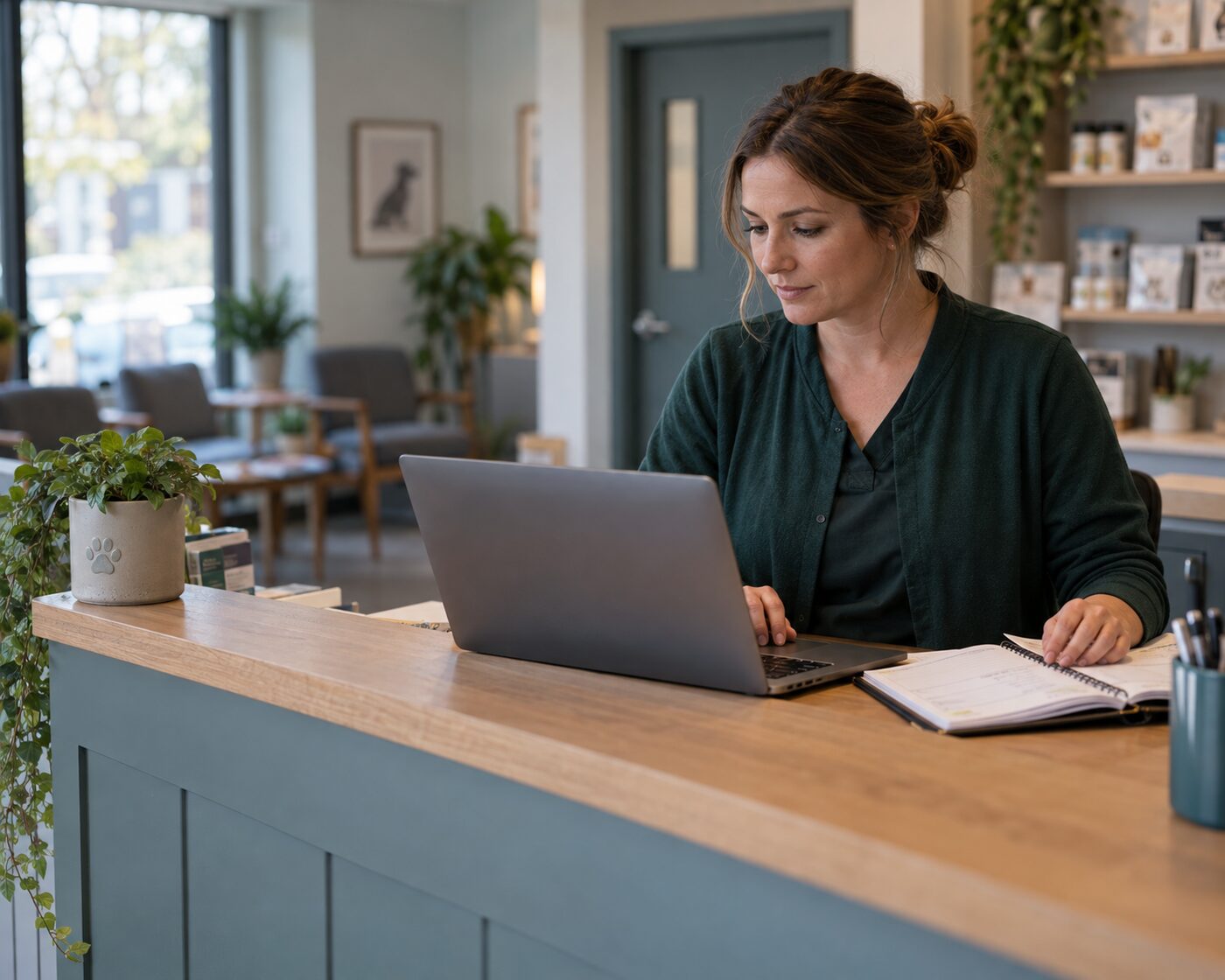 Veterinarian reviewing appointments on a laptop in a small clinic