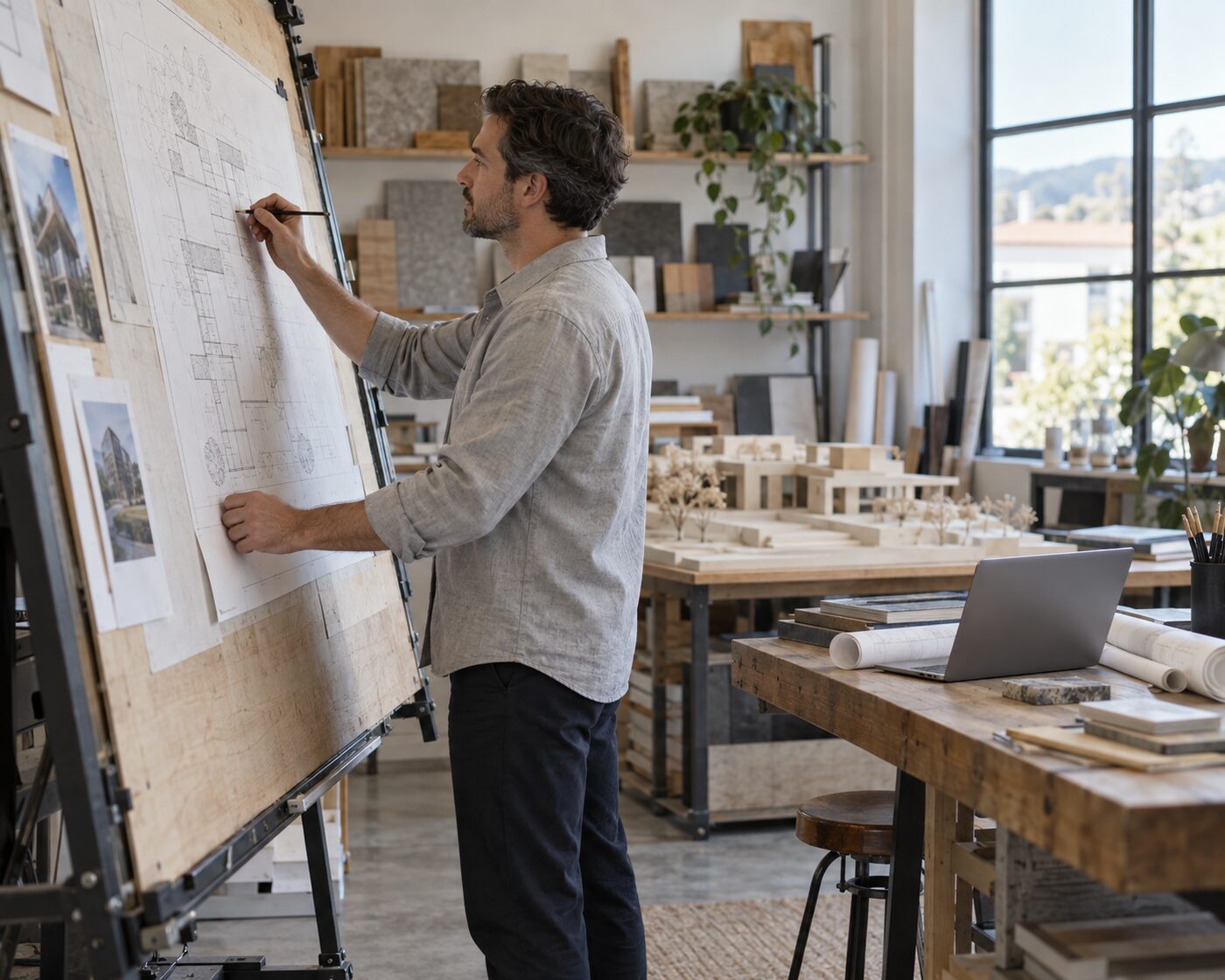 Architect working on a project at a drafting board in a small studio