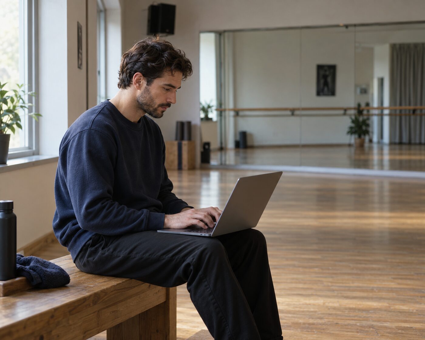 Dance instructor updating the schedule on a laptop after class