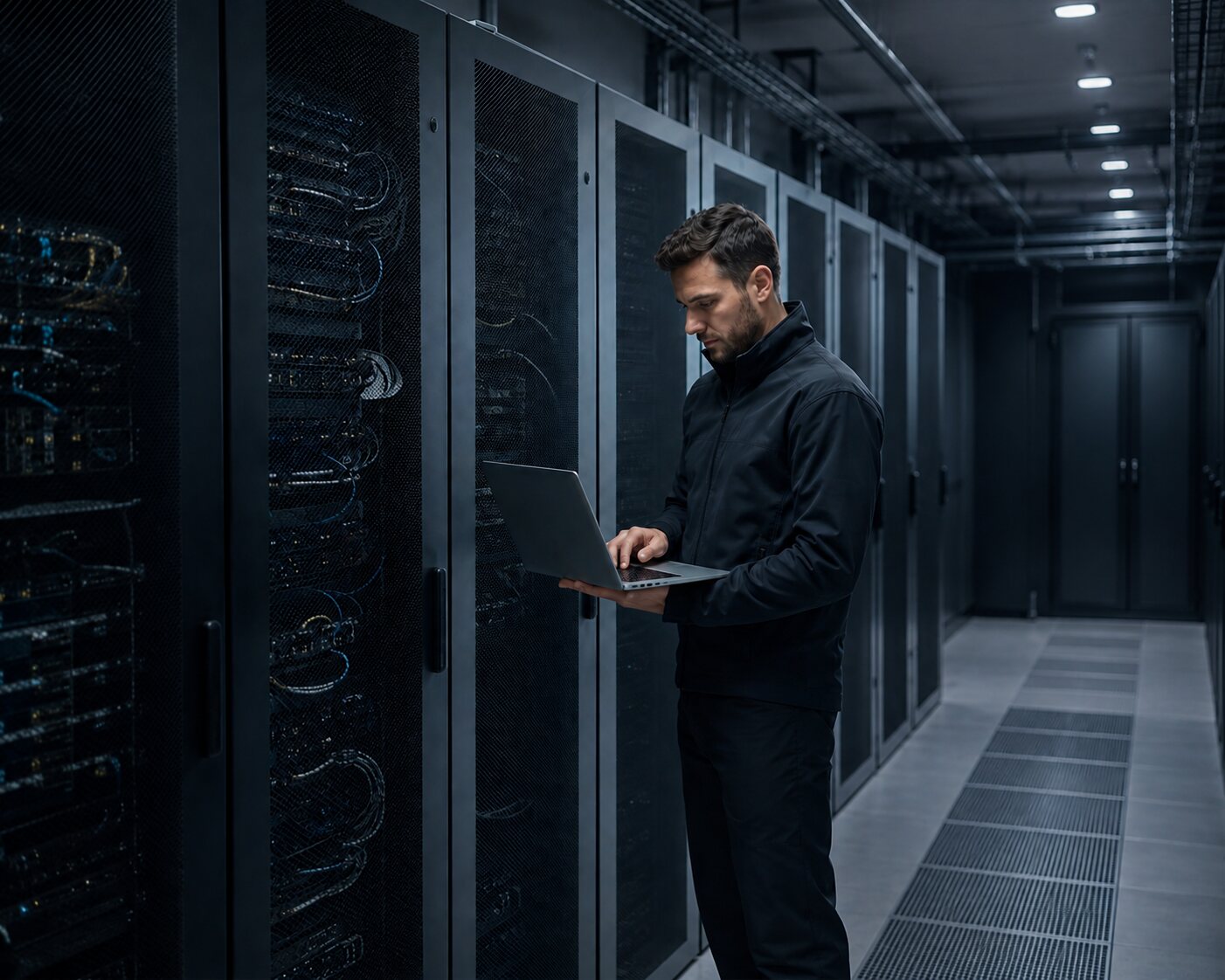 An engineer works on a laptop beside server racks