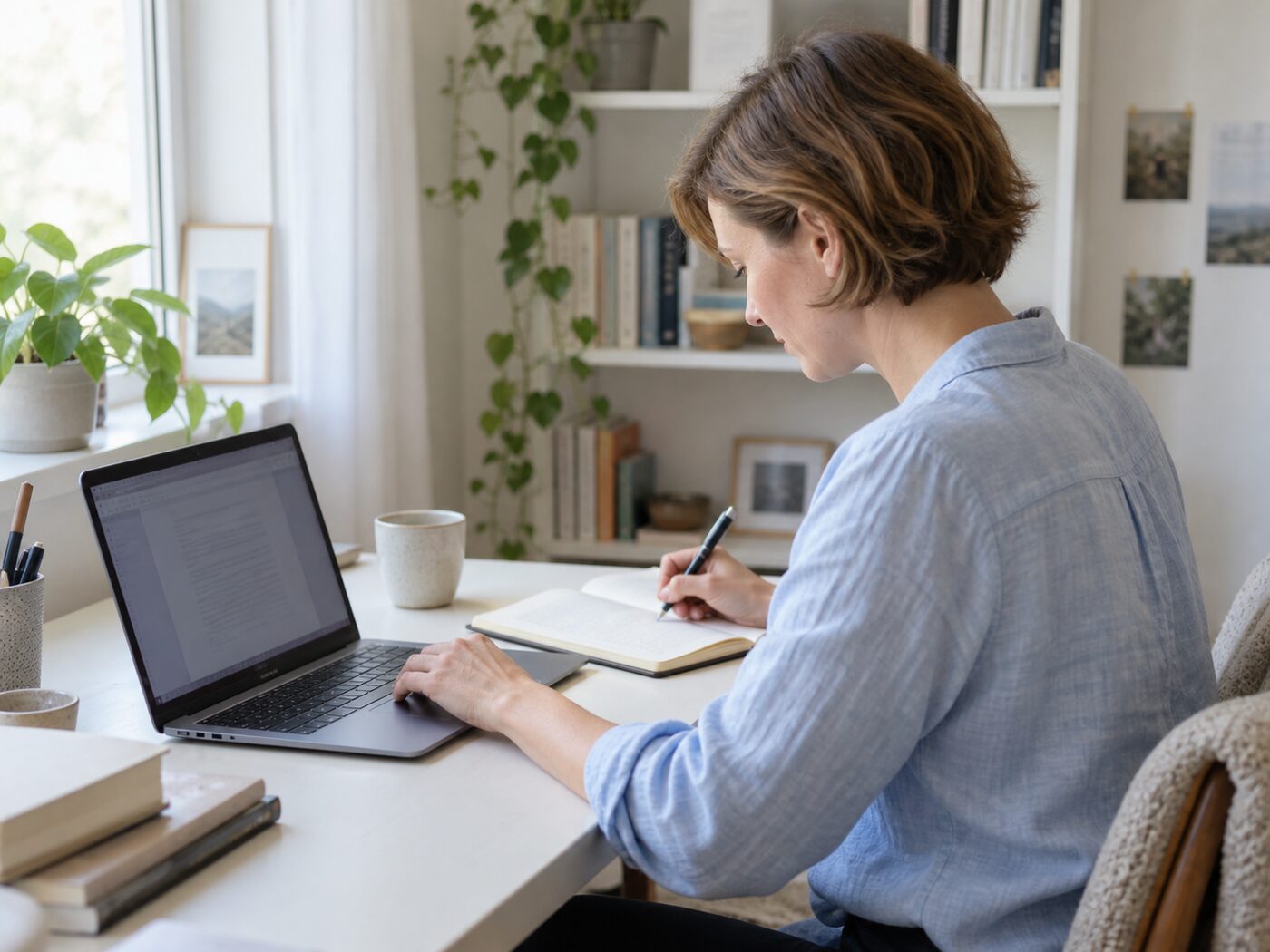 An author writing at a laptop with an open notebook
