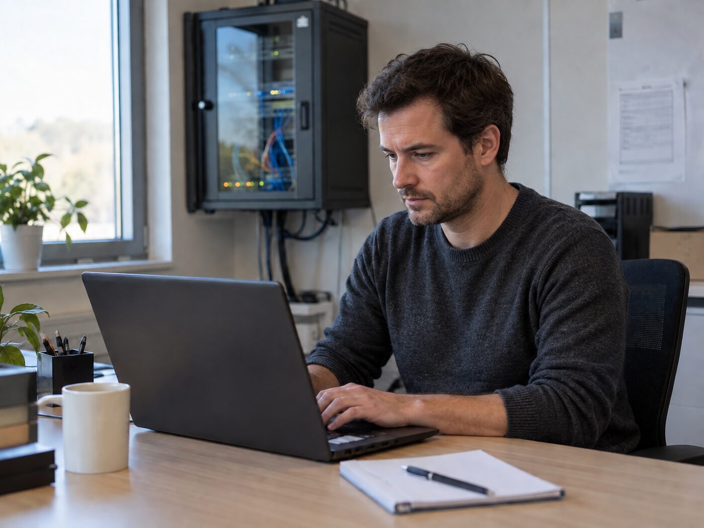A system administrator working at a laptop in a small office