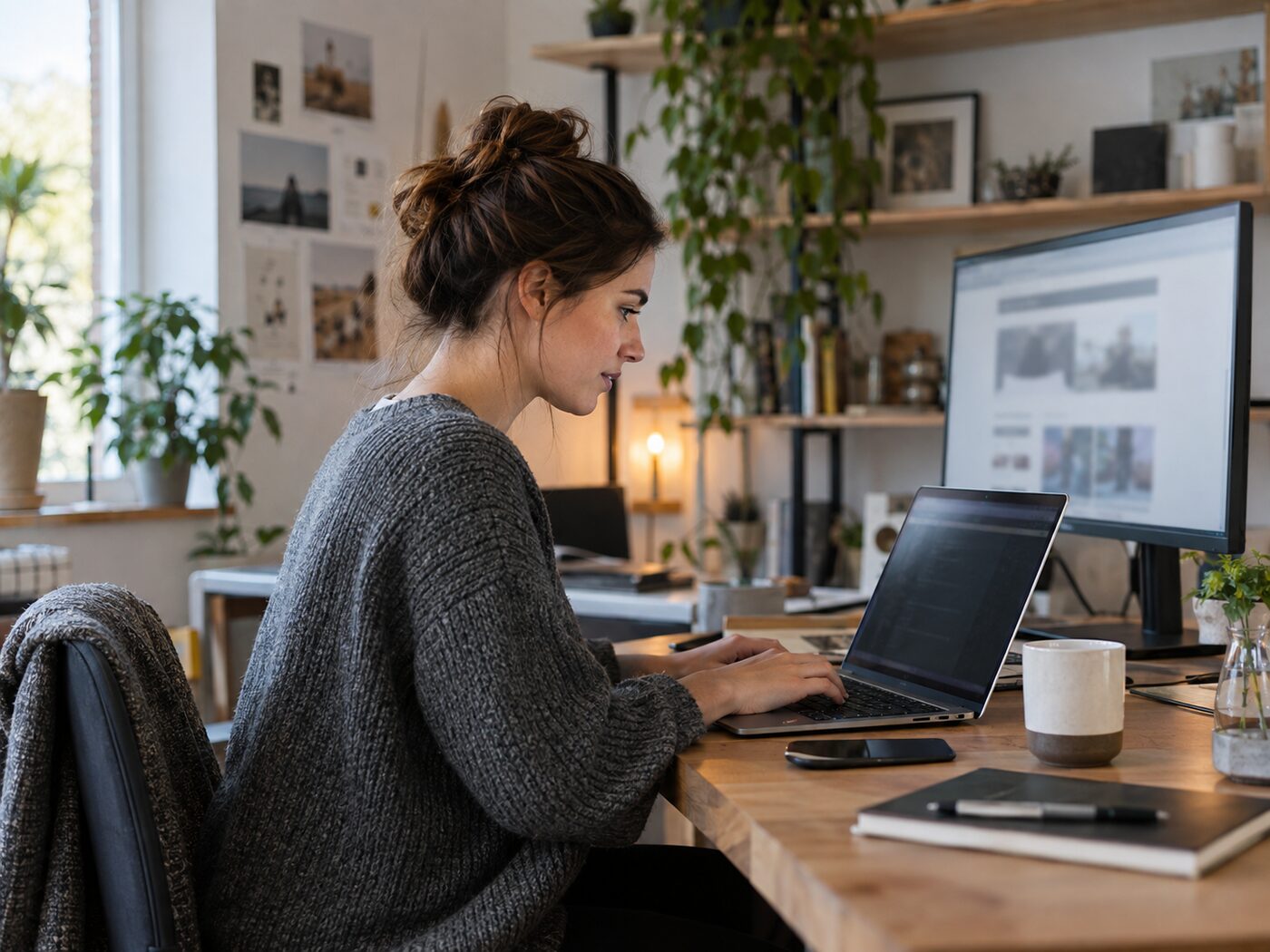 A web developer working at a laptop in a small studio