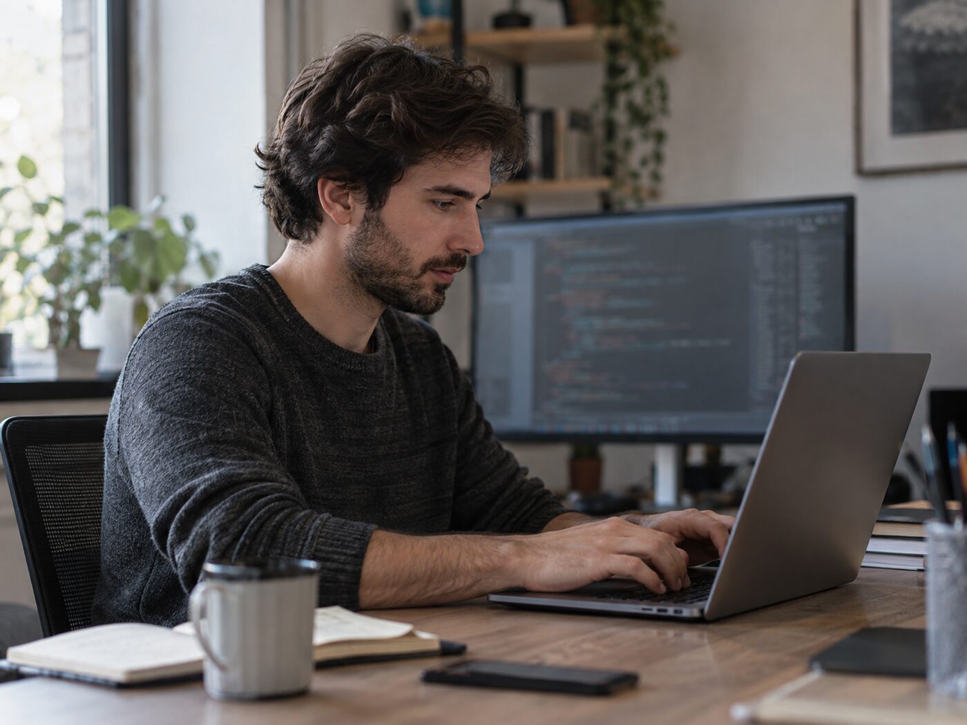 Developer works at a laptop