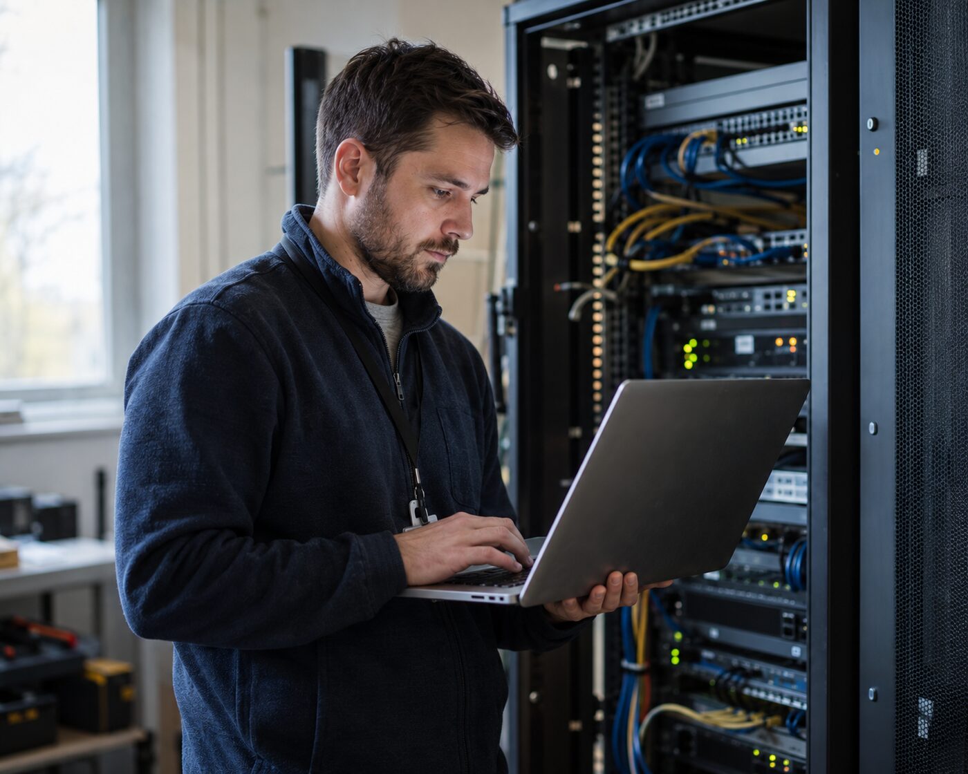 Engineer works at a laptop beside an open server cabinet