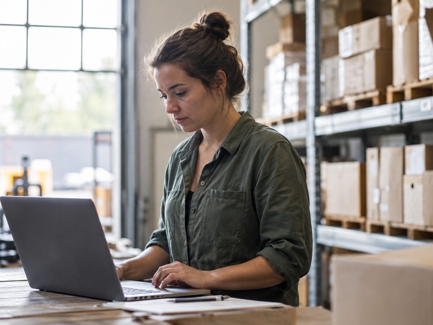 Warehouse employee works at a laptop by shelving