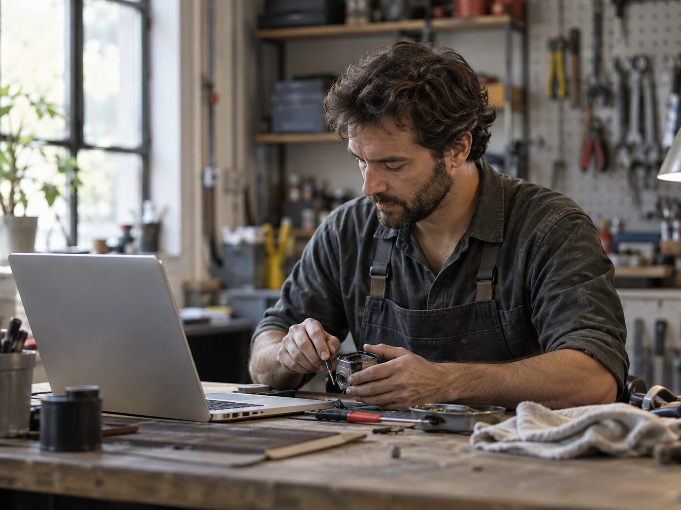 Workshop owner works at a laptop by a workbench