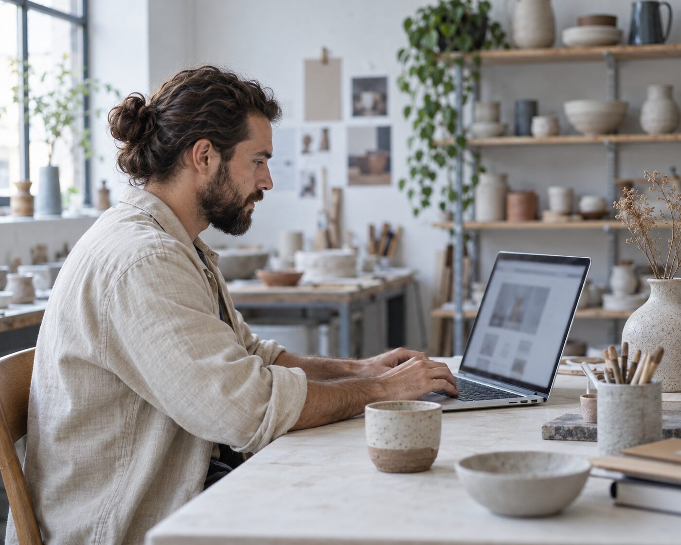 Small studio owner updating a WordPress website on a laptop